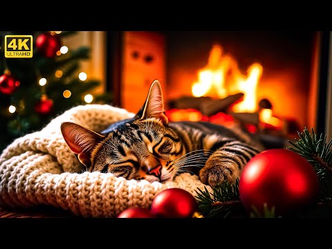 Relaxing Fireplace Sounds & Cat Sleeping by the Fire | Cozy 4K Night Scene | Crackling Fireplace