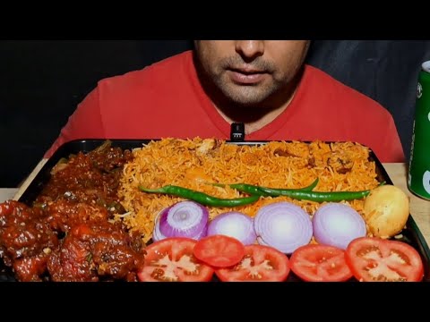 ASMR EATING SPICY CHICKEN BIRYANI,CHICKEN LOLLIPOP GRAVY,CHICKEN LEG PIECE,BIRYANI EATING