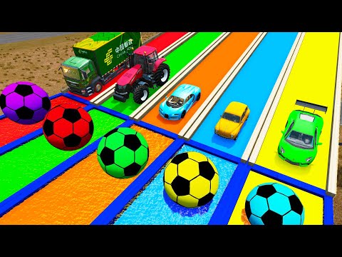 Cars vs Portal Trap With Slide Colors - Double Flatbed Long Trailer Truck Rescue Cars - BeamNG.Drive