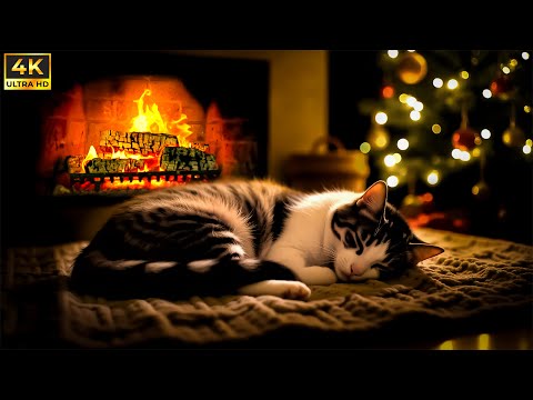Cozy Fireplace Night & Sleeping Cat Sounds | Crackling Birchwood for Relax | Relaxing Fire Sounds