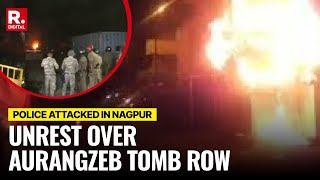 Nagpur Clash: Video Shows Mob Hurling Stones at Police Amid Aurangzeb Tomb Row | WATCH