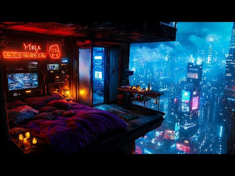 Balcony Nights: Rain And Ambient Music | Cyberpunk Bedroom Above The City