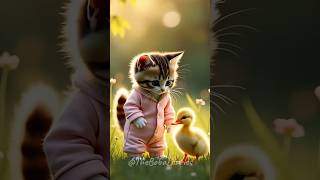 Tiny Cat Meets a Baby Duckling for the First Time! #cat #cute #kitten