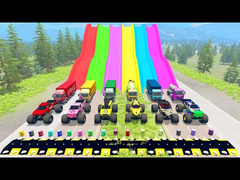 HT Gameplay # 14 | Mixer Truck & Monster Truck & Cars vs Trap Colors High Speed Ramps & Spiked Bumps