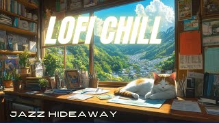 Cozy Study Room Jazz | Slow Bossa Nova with Mountain View & Sleeping Cat