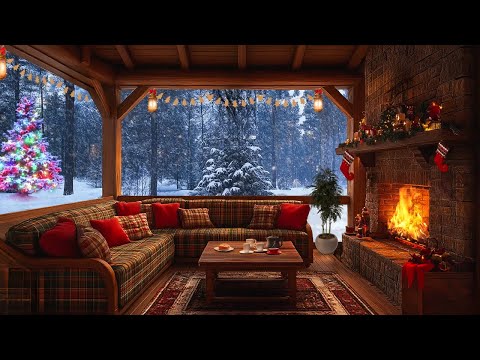 Ambience on covered wooden porch with crackling fireplace sound | Snow falling, wind howling❄️