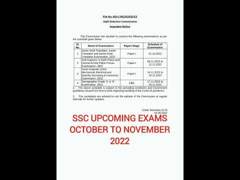SSC UPCOMING EXAMS OCTOBER TO NOVEMBER 2022