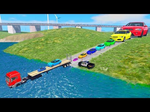 Small to Giant Cars vs Deep Water - Double Flatbed Trailer Truck Car Rescue -  BeamNG.Drive