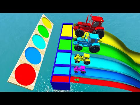 Big & Small Tractor Car vs Slide Colors with Portal Trap - Cars vs Deep Water vs Train -BeamNG.Drive
