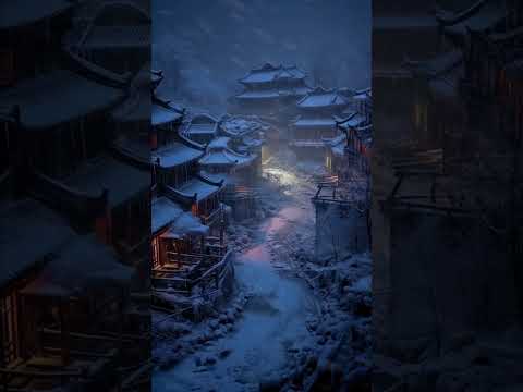 chinese village cold winter night | dim lights from the village