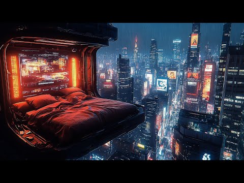 Cyberpunk Twilight Escape: Rain And Ambient Music | Futuristic Bedroom Floating Above The City