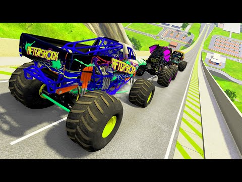 HT Gameplay # 22 | Monster Trucks vs Big Cars Crash Speed Bumps Epic High Speed Jump Ramps Giant pit