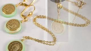 Light Green Mother of Pearl & Faux 1854 Indian Head Gold Coin Earrings/Necklace