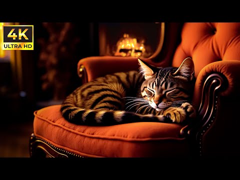 Birchwood Burning Fireplace for TV | FIREPLACE Sounds with Cute Cat in a Cozy Night for Relax