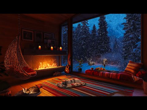 Peaceful night in the log cabin with snow falling in the garden | Fireplace sound for deep sleep