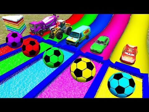Big & Small Cars vs Portal Trap With Slide Colors - Double Flatbed Trailer Car Rescue - BeamNG.Drive