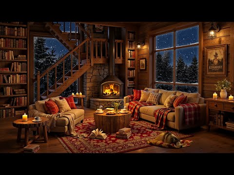 Relaxing Jazz Instrumental Music & Fireplace Sound in Cozy Reading Nook Ambience for Good Mood