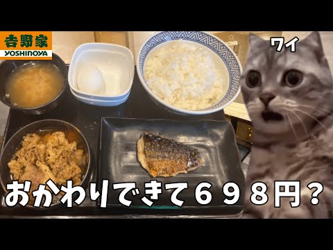 【吉野家】ごはん無限に食ってもいいらしいので牛さば定食でコメをキメて来た話【牛丼】#猫ミーム #猫マニ