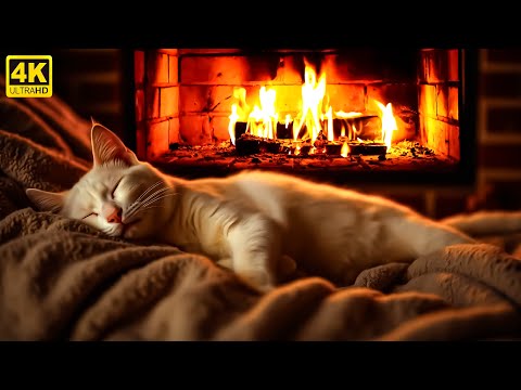 ASMR Fire Sounds & Cozy Cat | Birchwood Fireplace for Relaxation | Ambiance Christmas Fireplace 4K