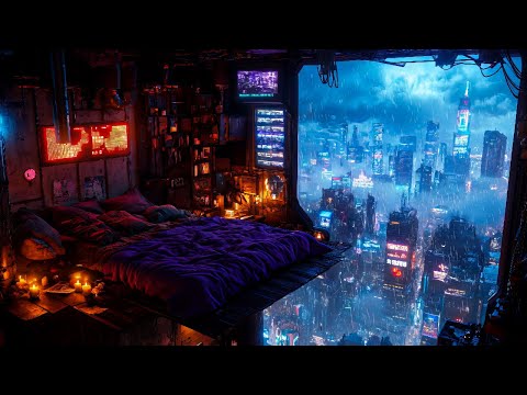 Dream Balcony: Rain and Ambient Music | Cyberpunk Bedroom in a Futuristic Skyrise