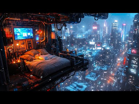 Cyberpunk Bedroom Escape: Snow And Ambient Music | Futuristic Bedroom Overlooking City