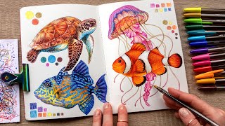 Drawing Sea Life with 15 ballpoint pens 🐠 (no music, no talking)