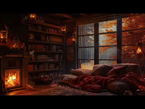 Peaceful Autumn Evening Fireplace and Gentle Rain 🌧️ Smooth Jazz at A Cozy Reading Nook Ambience