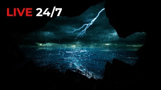 🔴 Relaxing Rain and Thunder with Ocean Waves Sounds for Sleeping | Hiding in my Cave to Ocean Storms