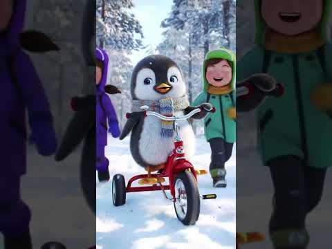 Penguin Rides a Cycle with Kids in Winter Forest! 🐧🚴‍♂️❄️ #Shorts