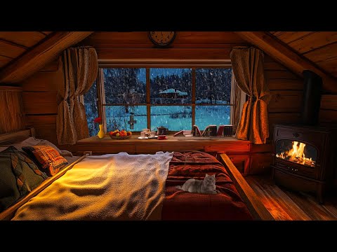 Say Goodbye to Stress and Insomnia in a Winter Log Cabin | Peaceful Fireplace and Blizzard Sounds