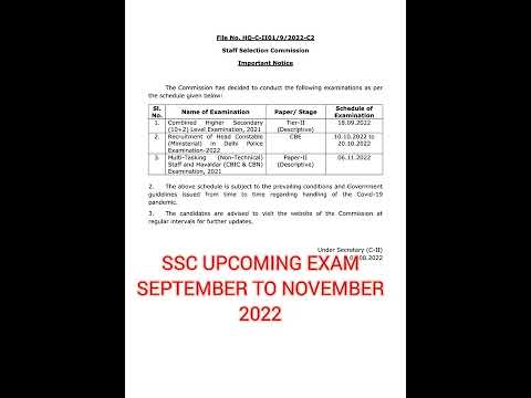 SSC UPCOMING EXAMS SEPTEMBER TO NOVEMBER 2022
