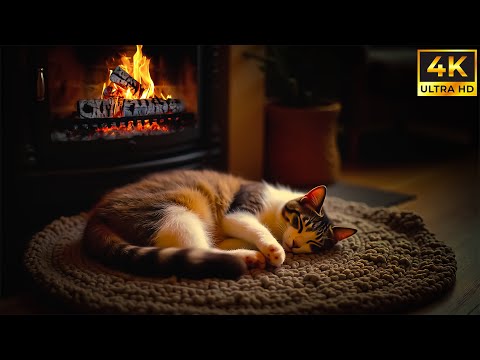 Cozy Fireplace  & Sleeping Cat | Crackling Birchwood Fire for Relax | Relaxing Fire Sounds in 4K UHD