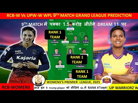 BLR-W vs UP-W Match Prediction |WPL 2025 9th Match Prediction | RCB-W vs UP-W WPL Match Prediction |