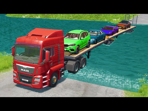 Flatbed Trailer Cars Transportation with Truck - Speedbumps vs Cars vs Train - BeamNG.Drive