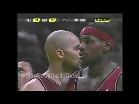 LeBron James gets blocked by Dwyane Wade and Udonis Haslem