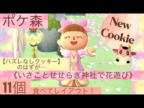 【ポケ森】いさことせせらぎ神社で花遊びはハズレなしクッキー！？11個食べてレイアウト💛🩷🧡