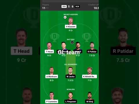 RCB V's Hyd dream 11 prediction #2024ipl #ipl #dream11 #viratkohli #cricketlover