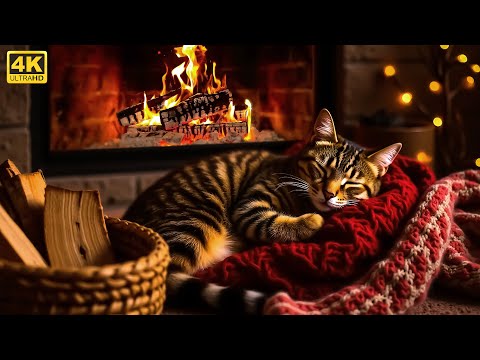 FIREPLACE 4K UHD for TV with Cute Cat | Birchwood Crackling Sounds for a Peaceful Night