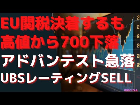 EU関税決着するも高値から先物は700円下落　アドバンテスト急落　UBSのレーティングがあまりつかないSELLに