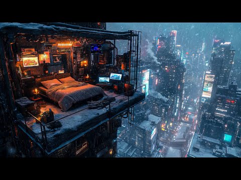 Cyberpunk Snow Retreat: Snow And Ambient Music | Cozy Cyberpunk Bedroom With City Balcony