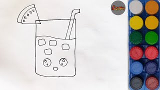 How to draw a cute glass of juice | Watermelon drinks for kids step by step 