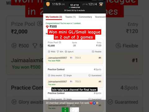 Small League/ Mini GL Won Today 💥| Dream11 Small league Team| Join telegram #dream11