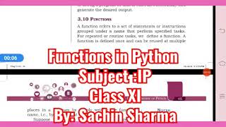 Functions in Python  Subject :IP Class XI