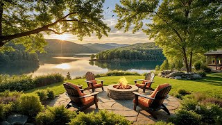 Sunrise Serenity: Lakeside Morning with Gentle Waves, Birds, and Crackling Fire for Relaxation