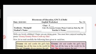 Class 2 : Worksheet 174 | English | 20/02/2021 | Pronouns | Granny granny please comb my hair