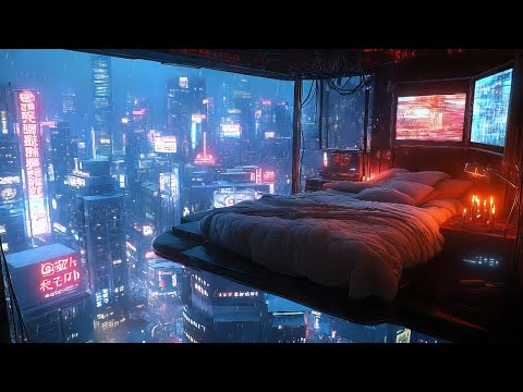 Cyberpunk Loft Above The City: Rain And Ambient Music | Night Ambience In A Futuristic City
