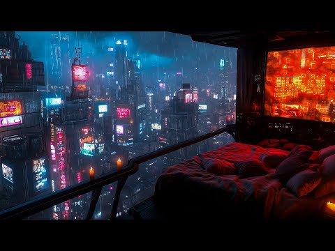 Cyberpunk Rainy Night: Ambient Music For Relaxation | Futuristic Bedroom Over The City