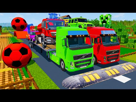 Double Flatbed Trailer Truck vs Speedbumps Train vs Cars | Tractor vs Train Beamng.Drive 050