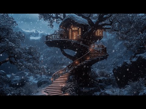 Fairy-Tale Treehouse in Winter | Relaxing Blizzard and Howling Winds | Dimmed Screen ( NO ADS)