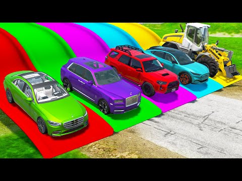 Flatbed Trailer Cars Transportation with Slide Color - Car vs Speed Bump vs Deep Water - BeamNG